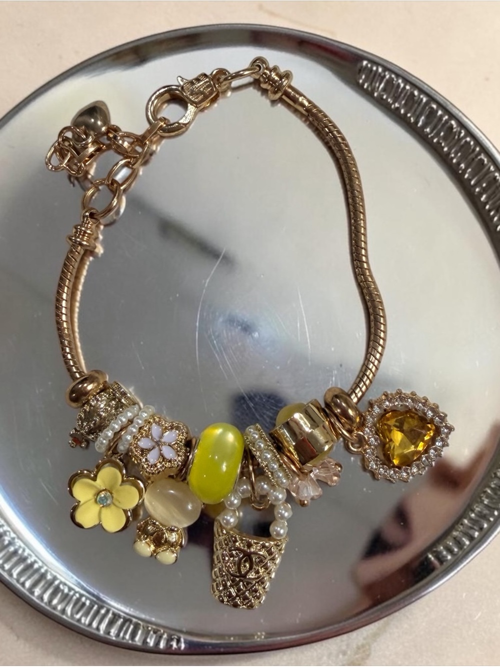 Gold-Tone Yellow Floral Teddy Heart CC Basket Charm Bracelet - Adjustable | NEW